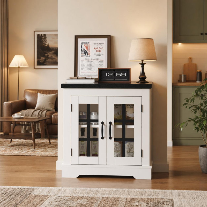 Farmhouse Sideboard Buffet with 2 Glass Doors and Built-in Power Outlet, 24.41" H x 23.62" W x 23.62" D, Black/White