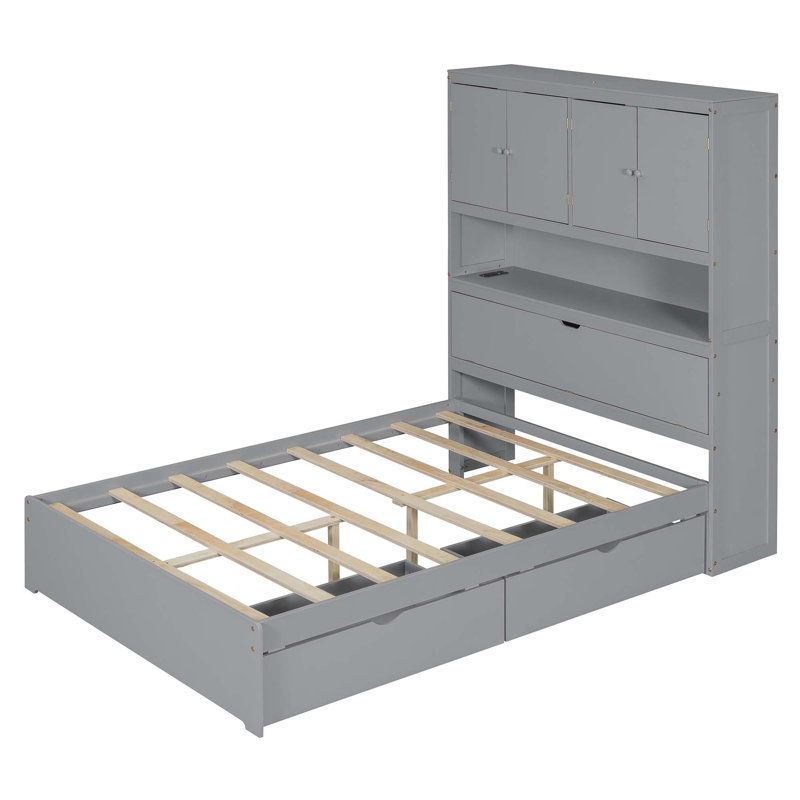 Lit plateforme en bois avec port USB, tête de lit et tiroirs de rangement, Gris