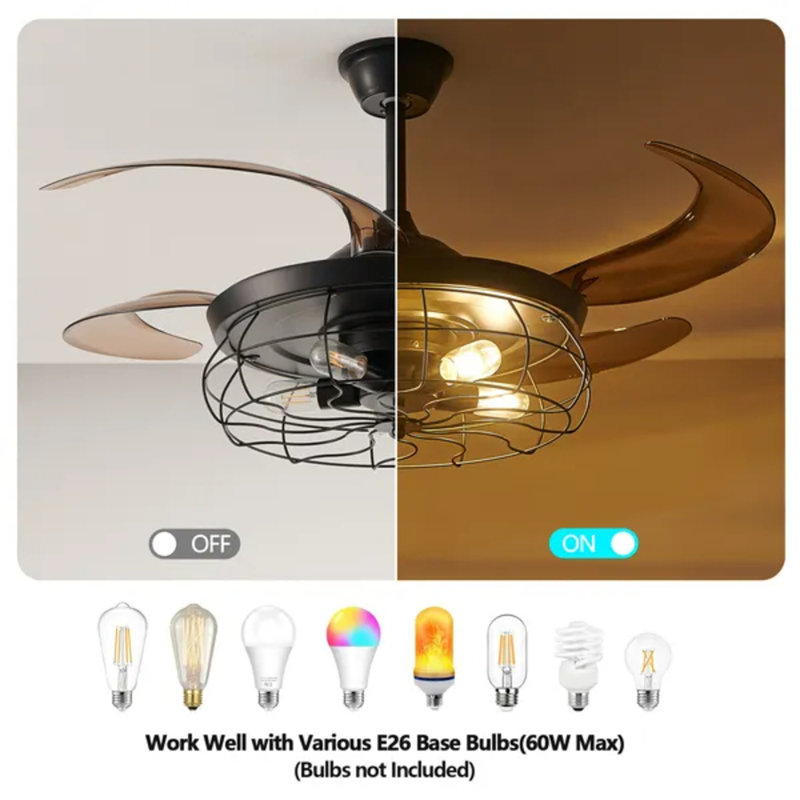 48" Black Remote Control Ceiling Fan Light, Industrial 4-blade Cage Fan, 6-speed Reversible Dc Motor Silent Fan For Living Room Bedroom Office (bulbs Not Included)