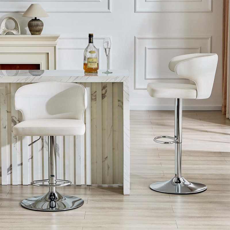 Chaise de bar rotative moderne et ajustable, assise spacieuse et support à haut dossier (2 pièces), White, Silver
