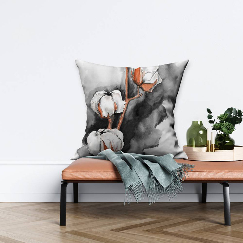 Cotton Flowers on Black Background | Office Gray – Throw Pillow Cover Only, Double-Sided Print, Insert Not Included