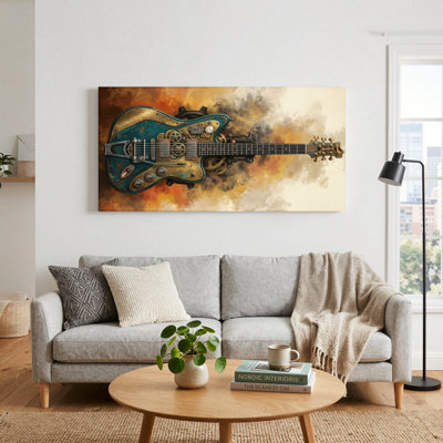 Ensemble d'une toile murale représentant une guitare steampunk