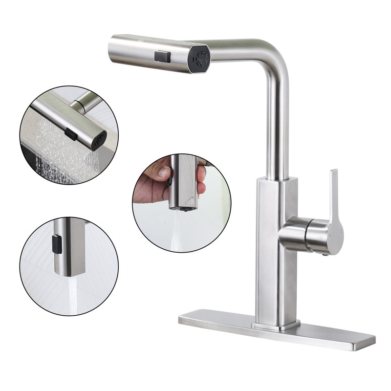 3-Mode Single Handle Pull Down Sprayer Kitchen Faucet With Deckplate And Supply Lines, Brushed Nickel