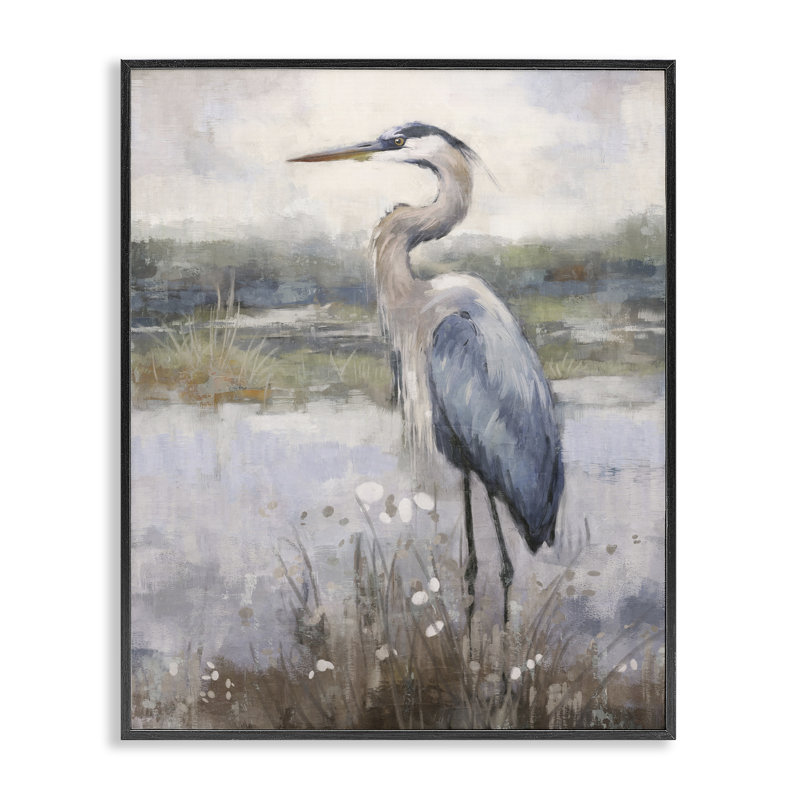 Héron côtier sur une berge, estampe numérique par Nina Blue, Giclée encadrée noir minuit, H 14 po x l 11 po