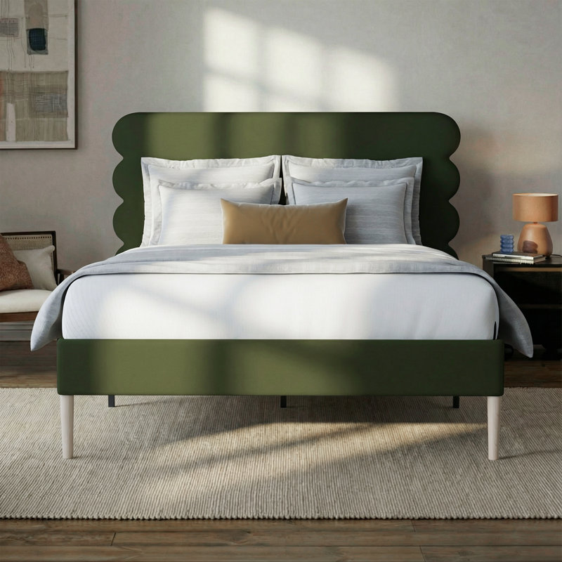 Velvet Henley Upholstered Scalloped Bed, Queen Size Bed Frame with Headboard, Queen, Green