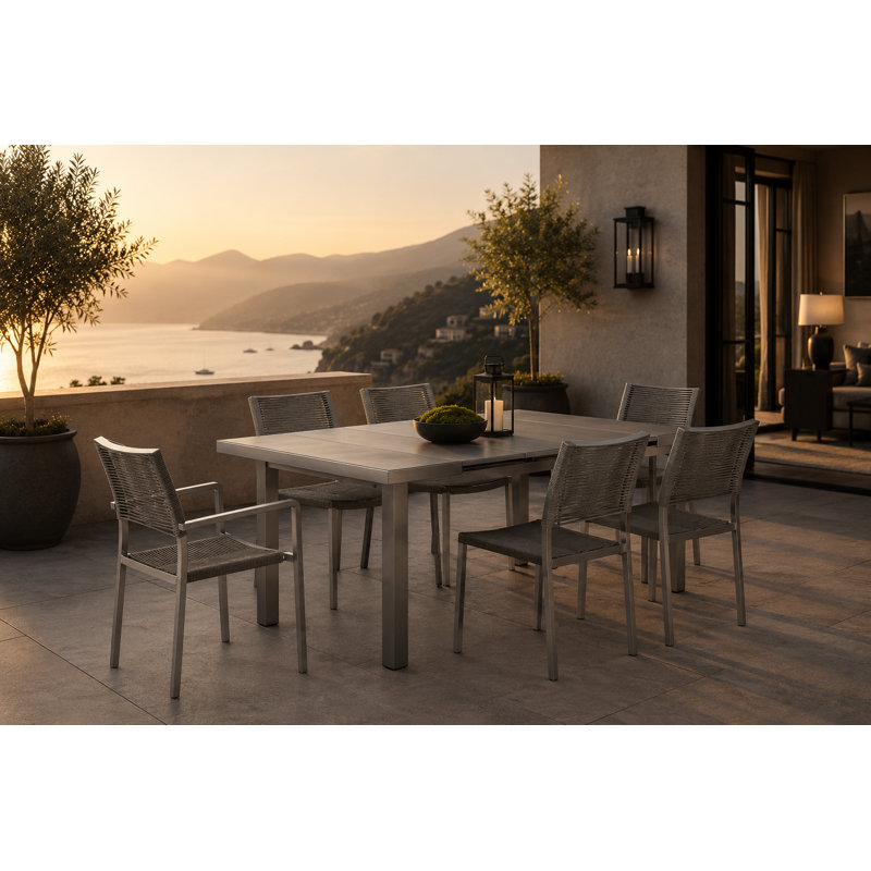  Pangea Home Bella 7 Piece Aluminum Patio Dining Set with Extendable Rectangular Table – Modern Outdoor Furniture with Quick-Dry Rope Chairs & Tempered Glass Tabletop