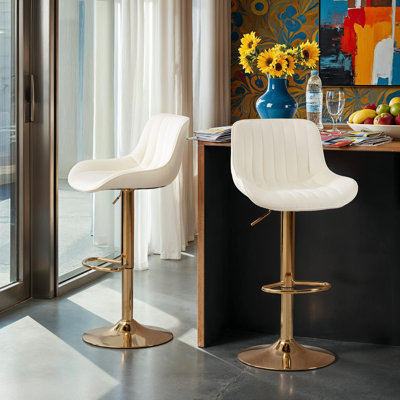 Set of 2 360 Desgree Swivel Bar Stools – Vertical Stripes, Velvet Upholstery, Chrome Footrest and Height Adjustable for Kitchen or Bar