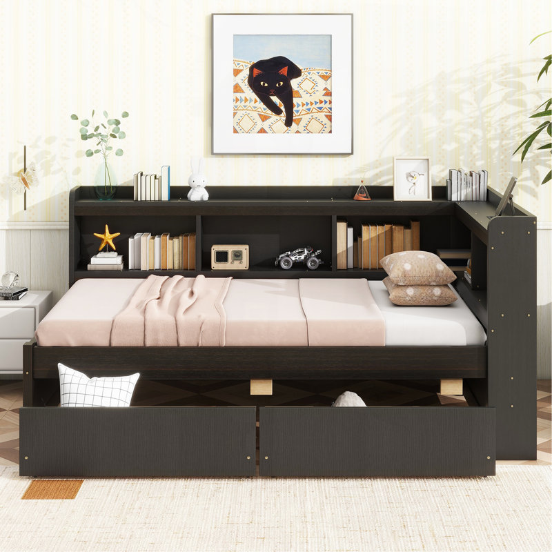 Lit simple en forme de L avec bibliothèques avec prises de courant, ports de chargement USB, deux tiroirs, espresso, Espresso