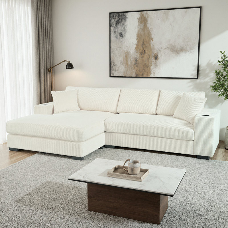 Canapé modulaire en velours côtelé beige Mirod: sièges moelleux avec ports de charge et porte-gobelets, Beige
