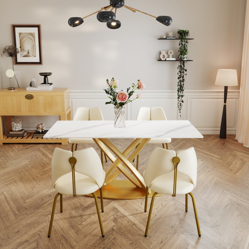 Modern Rectangular Sintered Stone Dining Table with Pedestal Base, White, 29.53” H x 63” L x 31.49” W