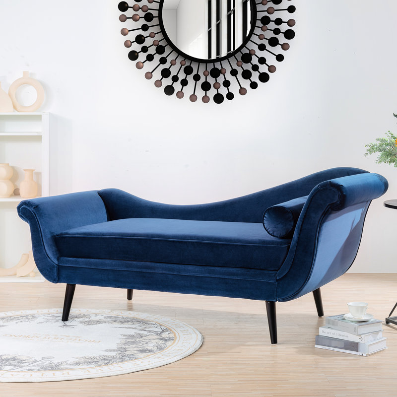 Chaise avec accoudoirs à volutes, tissu de couleur bleue, sièges confortables, mousse, structure intérieure en bois massif, méridienne conique avec pieds en bouleau et bleu, fabrication confortable, rembourrage en mousse, l 68,12 po x P 28,65 po