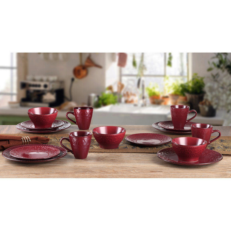 Lorren Home Trends 16 Piece Stoneware Scroll Dinnerware Set-Grey