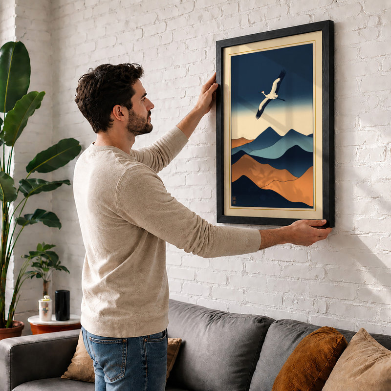 Bird Above Mountains Japandi - Framed Print, Unframed, A1 - 84.1 x 59.4 cm