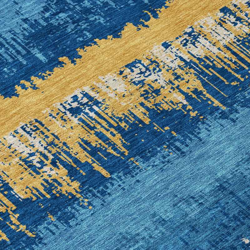 Navy and Gold Flat Woven Synthetic 5' x 7' Rug