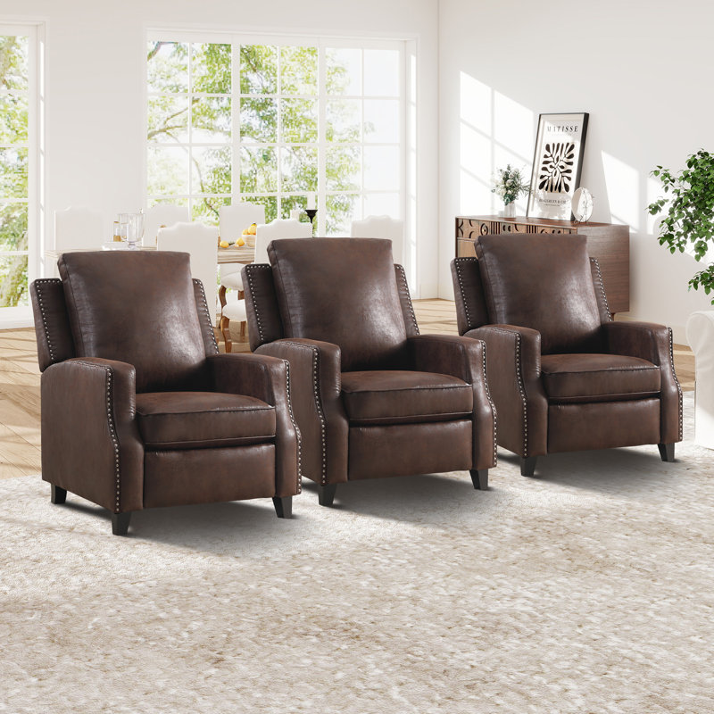 31.1''Wide Classic And Comfortable Faux Leather Push Back Recliner With Nailhead Trim (Set Of 3), Reddish Brown