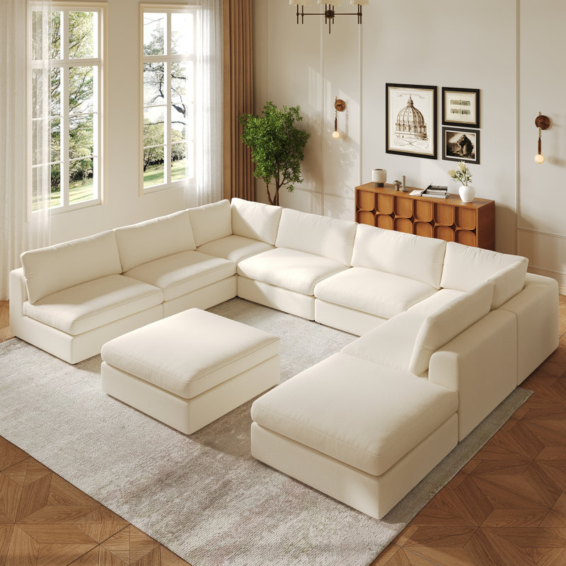 Upholstered Sectional Symmetrical, White Boucle