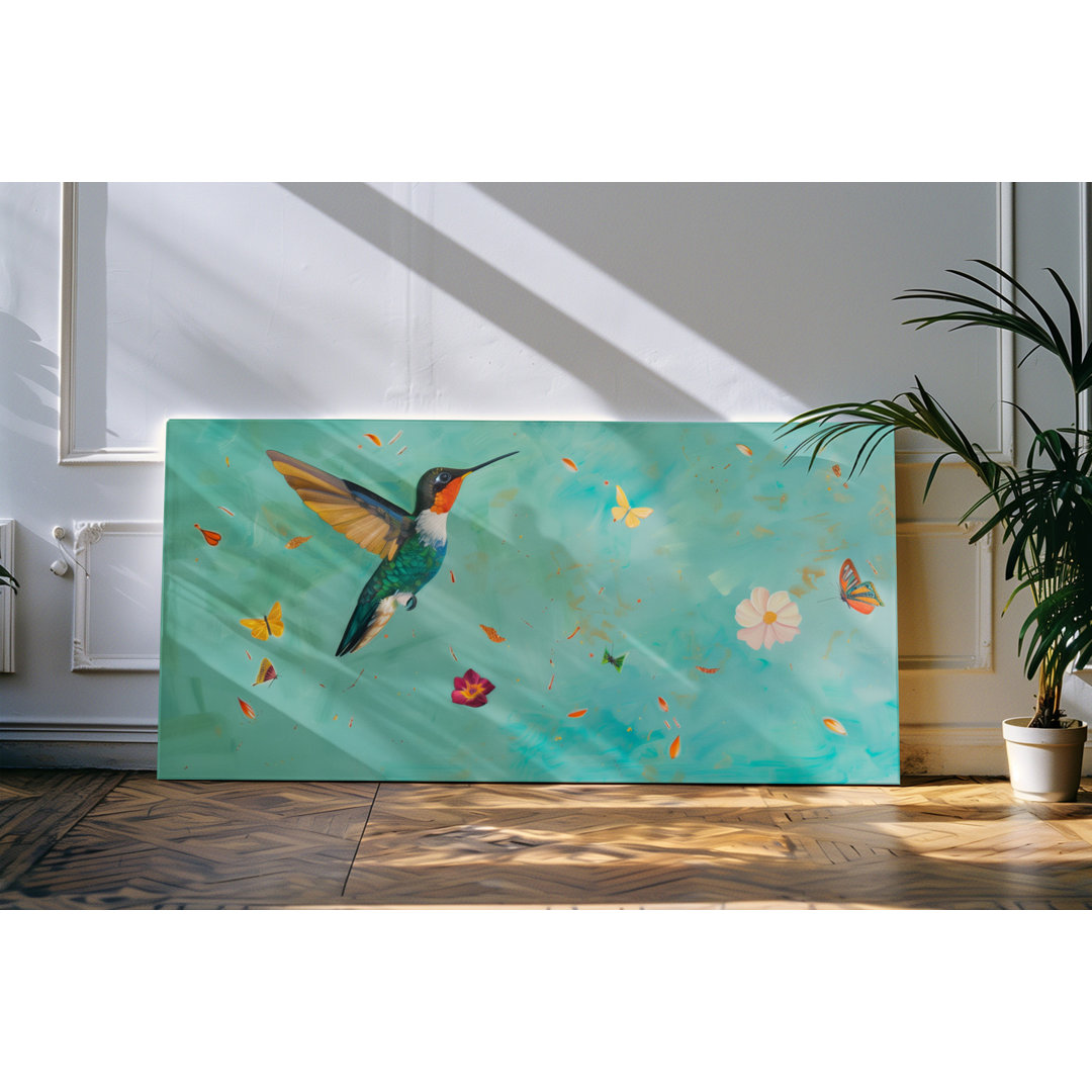 Wandbild 120x60cm Kleiner Vogel Kolibri Exotisch Grün Schmetterlinge Blumen