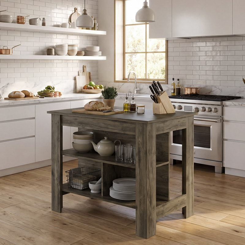 Kitchen Island with Three Storage Shelves, Brown, 35.4" H x 40.5" W x 27.5" D, Brown