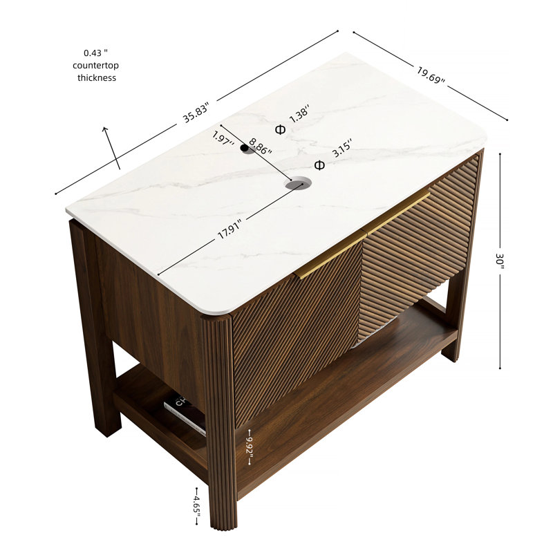 Armoire sur pieds Indigo 36 po avec 2 portes et tablette ouverte, plateau en pierre frittée blanc de Carrare, sans lavabo, sans robinet et drain, grain de bois noyer foncé