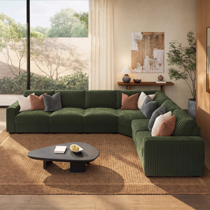 Canapé modulaire moderne en L, Velours côtelé vert, H 35,4 po x l 128,1 po x P 100,5 po