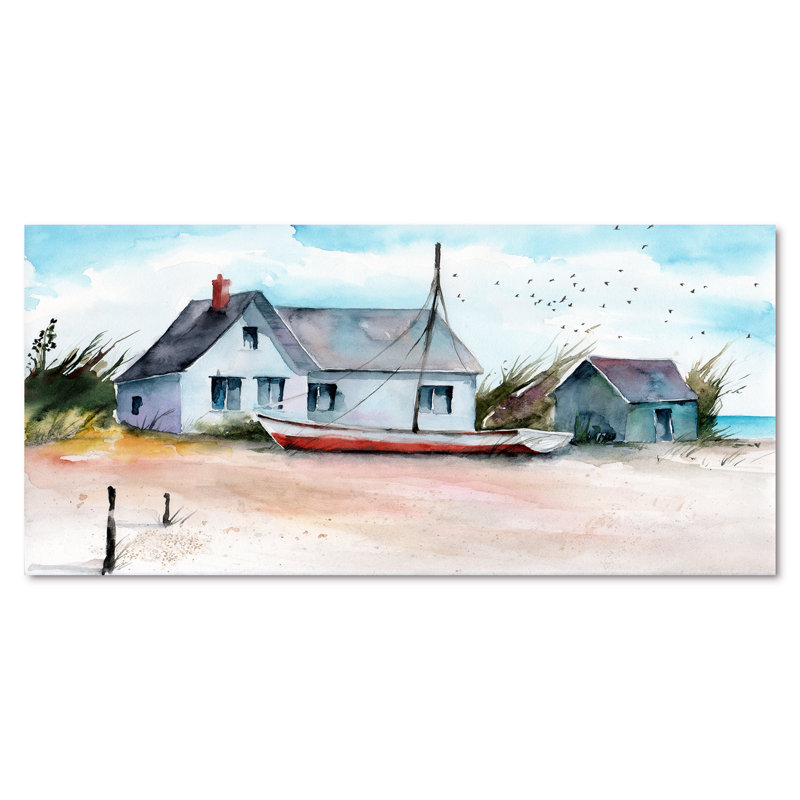 Maison et bateau sur une plage - Peinture sur toile, H 28 po x l 60 po, Toile tendue