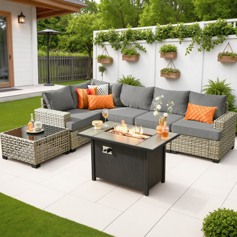 4 - Person Rattan Outdoor Seating Group With Cushions And Fire Pit Table, Dark Gray