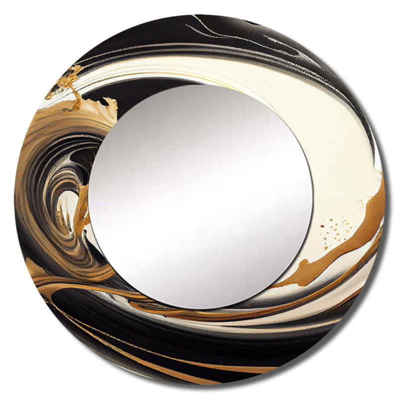 Philomenia noir et or tourbillon V - miroir spirales abstraites, miroir mural rond unique moderne, art imprimé en métal