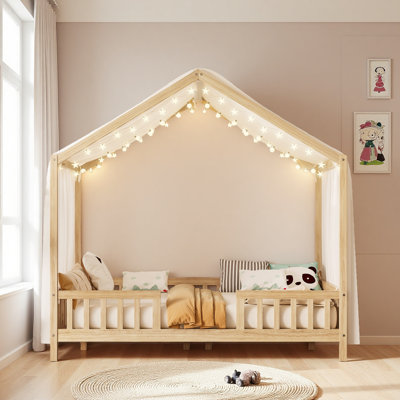 Floor Bed With Canopy, Bed Frame For Kids, House Shape Toddler Bed Frame With High Railings, Wood Kids Bed With Roof
