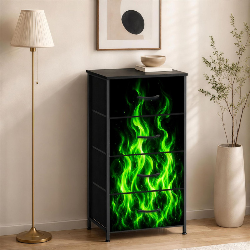 Commode à 4 tiroirs pour chambre à coucher avec des flammes vertes brillantes et une conception abstraite de petite taille pour les commodes avec commodes en bois