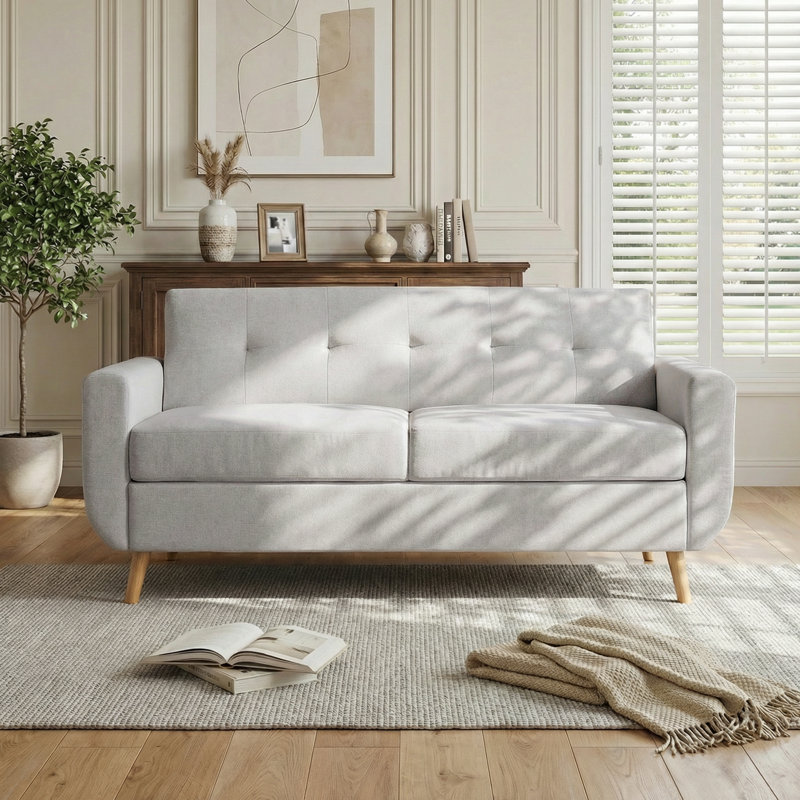 66" Square Arm Loveseat, Mid-Century Modern Chenille Couch with Reinforced Iron Frame for Living Room, Easy Assembly