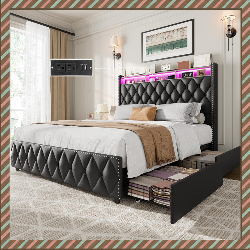 Queen Bed Frame with 50.8" Tall Headboard, 4 Storage Drawers, USB Charging Station & LED Lights, No Box Spring Needed, Easy Assembly
