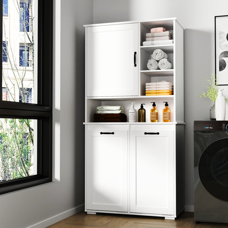 Doors And Shelf Laundry Cabinet - Tilt-Out Hamper, Ample Storage, Freestanding, White, Adjustable Shelves Freestanding Storage Doors, Shelf, Easy Maintenance,
