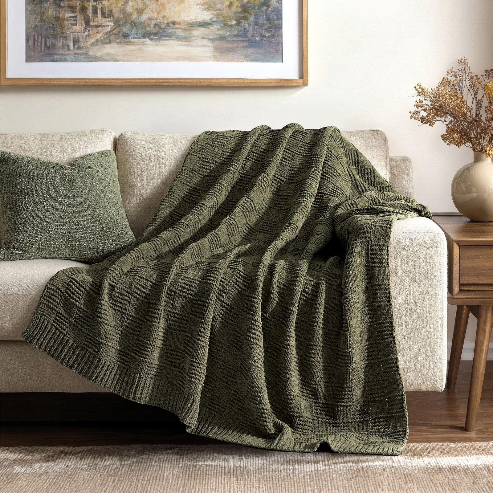 Checkered Weighted Knit Throw Blanket, Twin, Olive Green