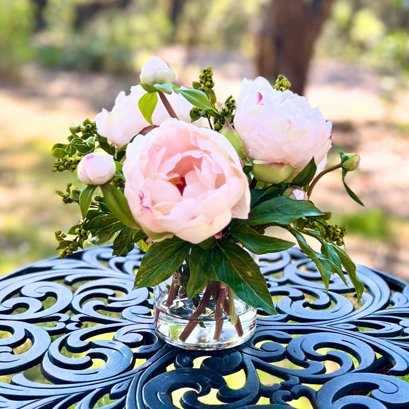Faux peony arrangement in vase, Light Pink