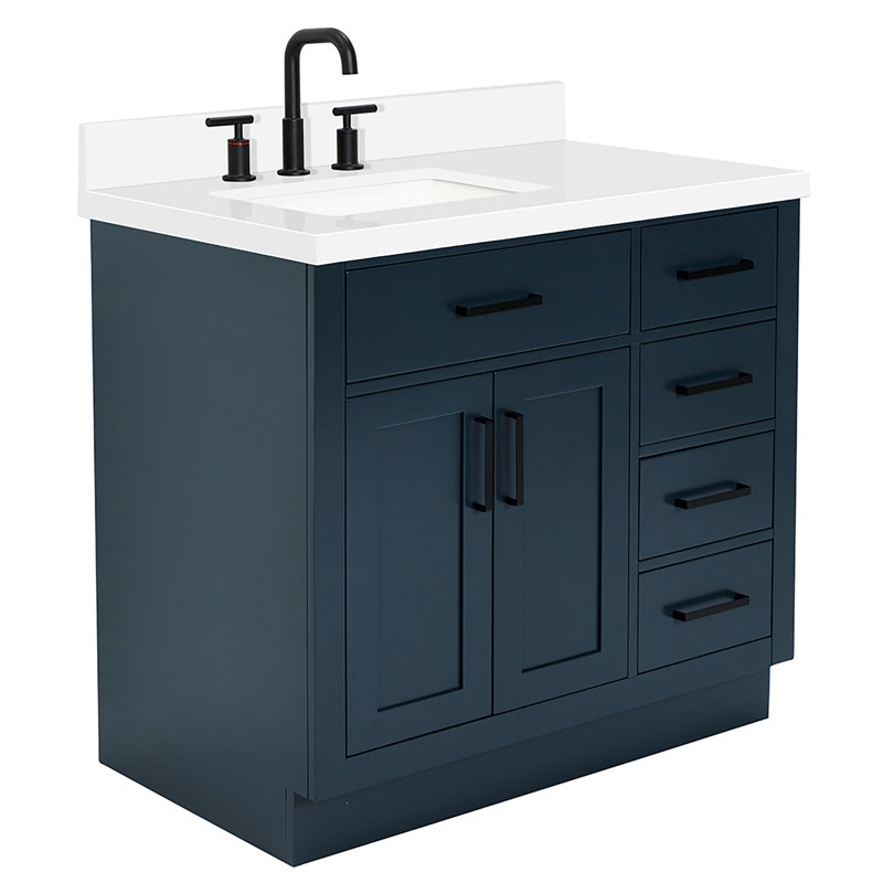 Meuble-lavabo simple en bois massif 36 po Tidworth avec plateau en quartz 1,5 po, Bleu minuit, Forme rectangulaire, Gauche