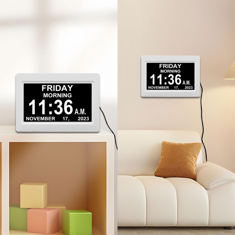 7-inch Calendar Clock with 12 Alarms, Auto Dimmable Display, Large Vision Impaired Digital Clock, White