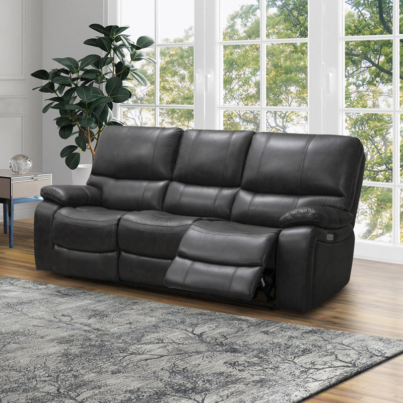 Flagg 86" Genuine Leather Pillow Top Arm Reclining Sofa, Gray Genuine Leather