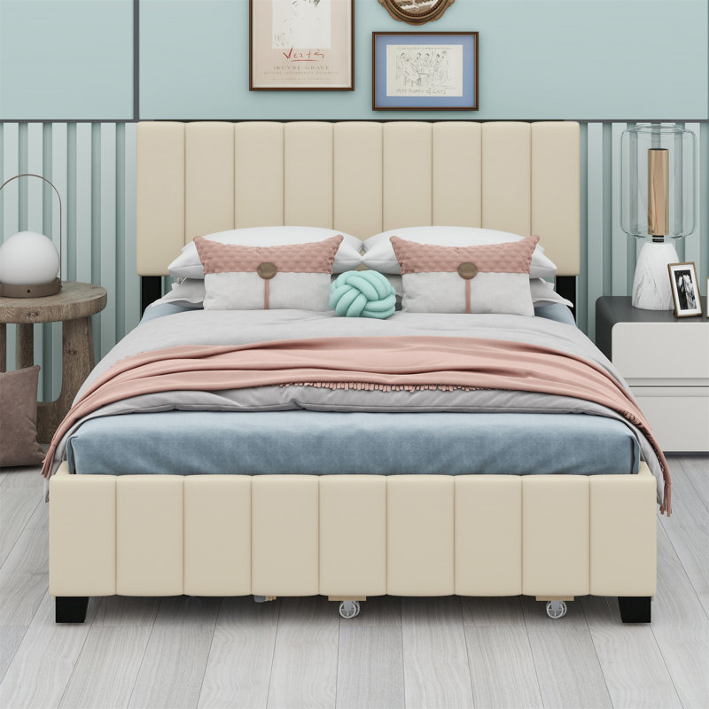 Lit plateforme tapissier avec 2 tiroirs et lit gigogne, Beige
