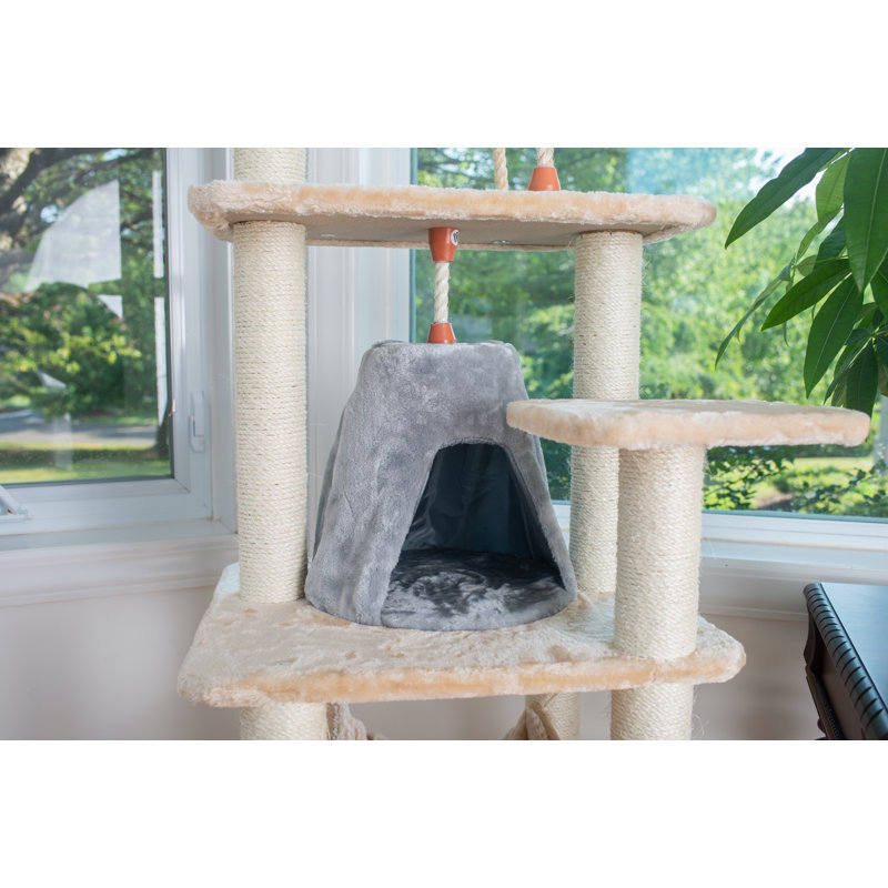 Beige Faux Fur 65'' Cat Tree with Hammock and Condo