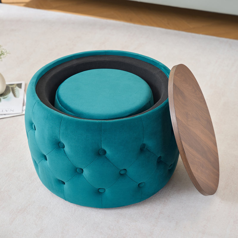 Ensemble de 2 repose-pieds ronds en velours 4 en 1 avec plateau en bois, bleu, sans assemblage requis | Idée de cadeau