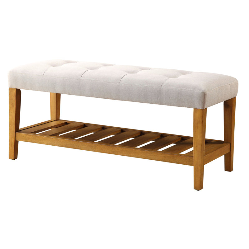 Banc moderne gris avec structure en chêne robuste et rangement de style contemporain avec capitonnage