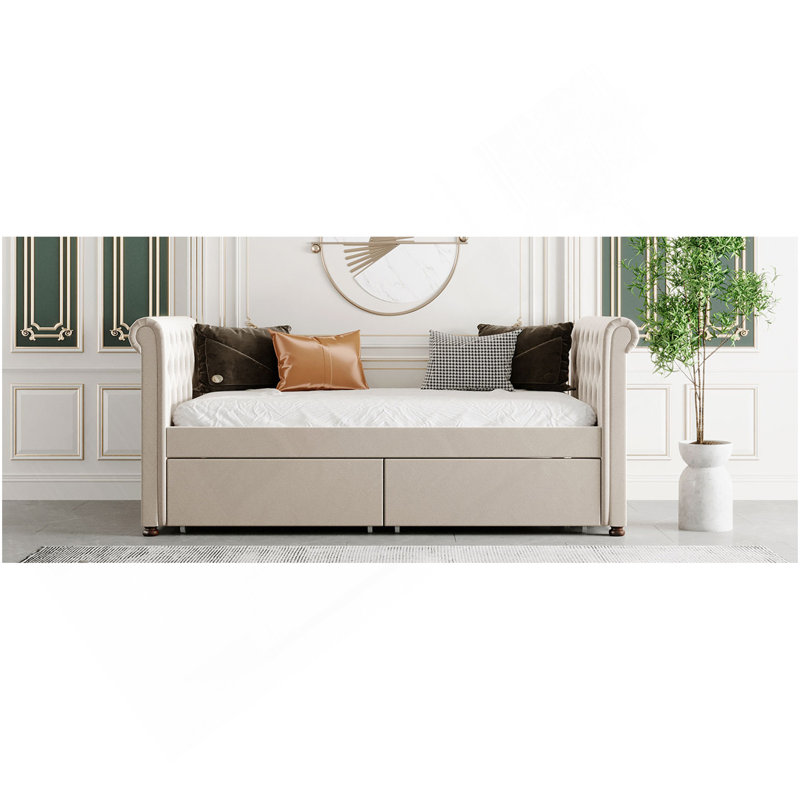 Lit de jour simple tapissier avec tiroirs, support en lattes de bois, beige