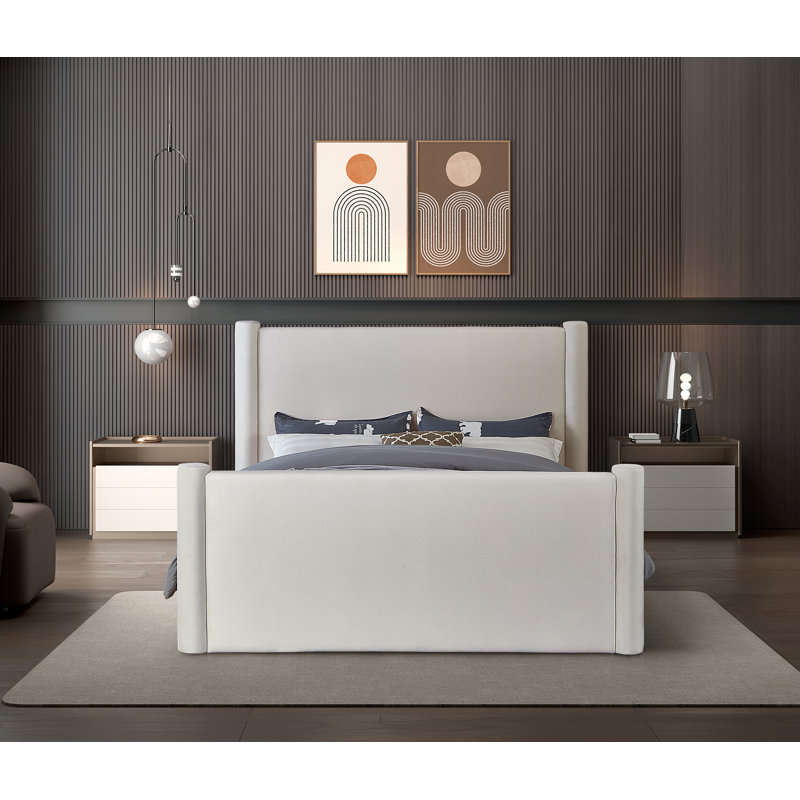 Elias Upholstered Platform Bed, Queen, Cream Velvet