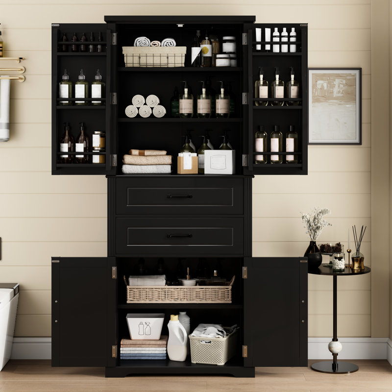 Armoire de rangement noire avec 2 tiroirs et tablette réglable pour le salon, la salle à manger et la cuisine. Finition peinte, poignées en métal, protection contre le basculement idéale pour la cuisine, la salle de bain. Tablette, tiroirs,