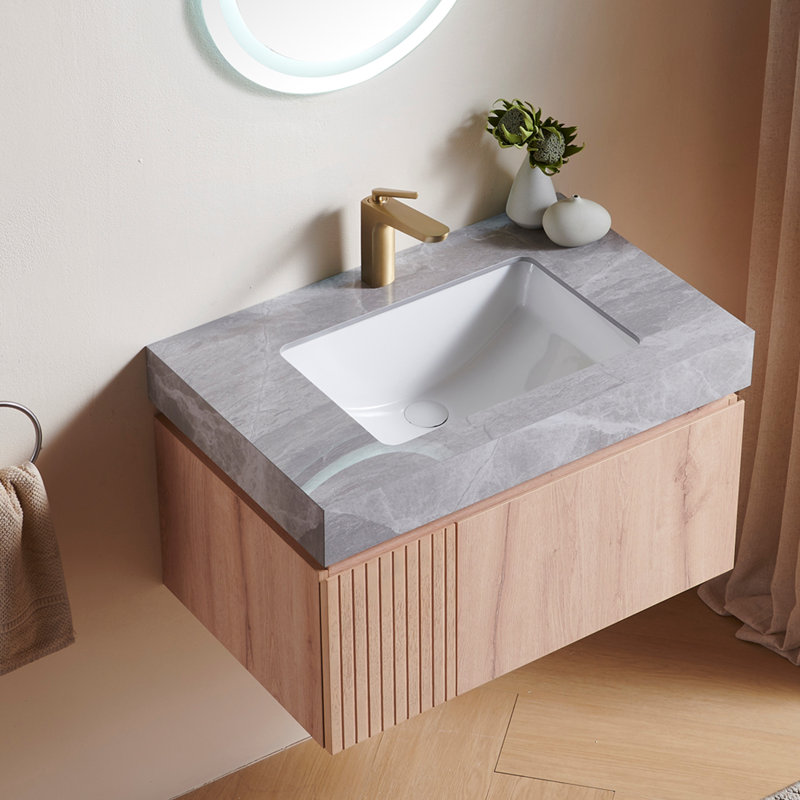 Luxstone Modern Luxury Vanity with Sintered Stone Countertop and Ceramic Basin, White Oak, 30", Light Gray