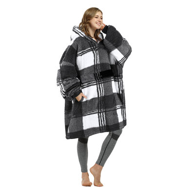 Plaid Oversized Wearable Blanket Hoodie Sweatshirt, Comfortable Sherpa Lounging Pullover
