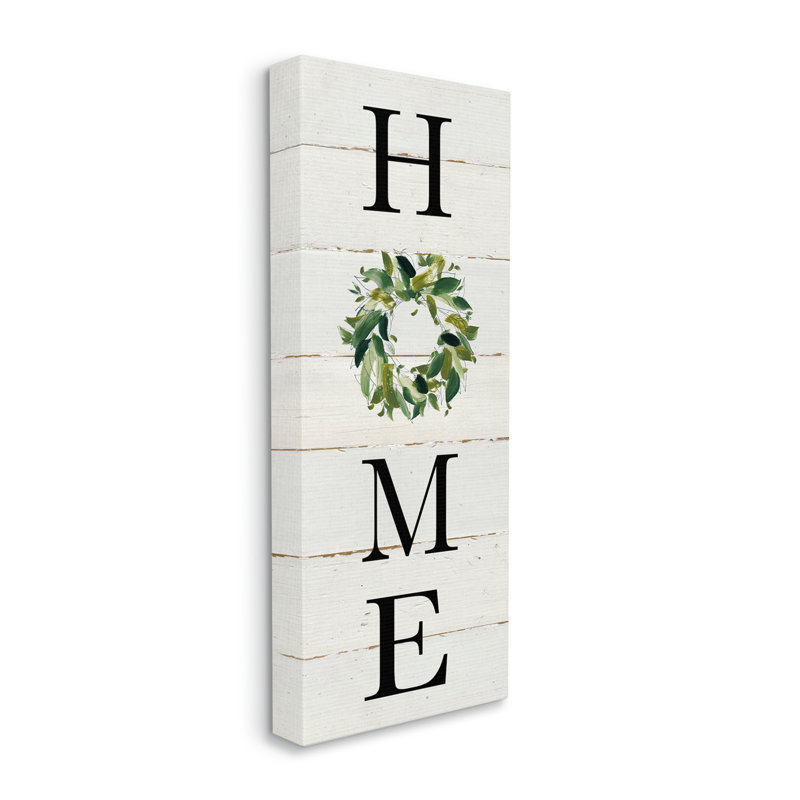 «Home», phrase verticale, feuille verte, couronne, typographie par Carol Robinson - art textuel, Toile tendue
