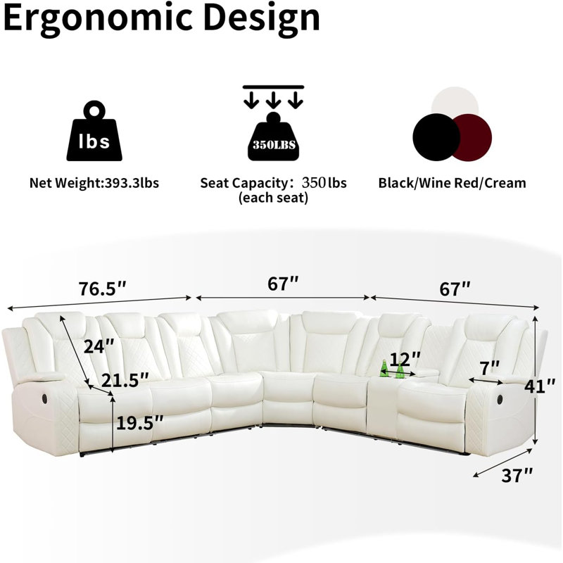 3-Pieces 210”Breathing Leather Power Reclining Theater Sectional,LED Lighting, Cream Faux Leather