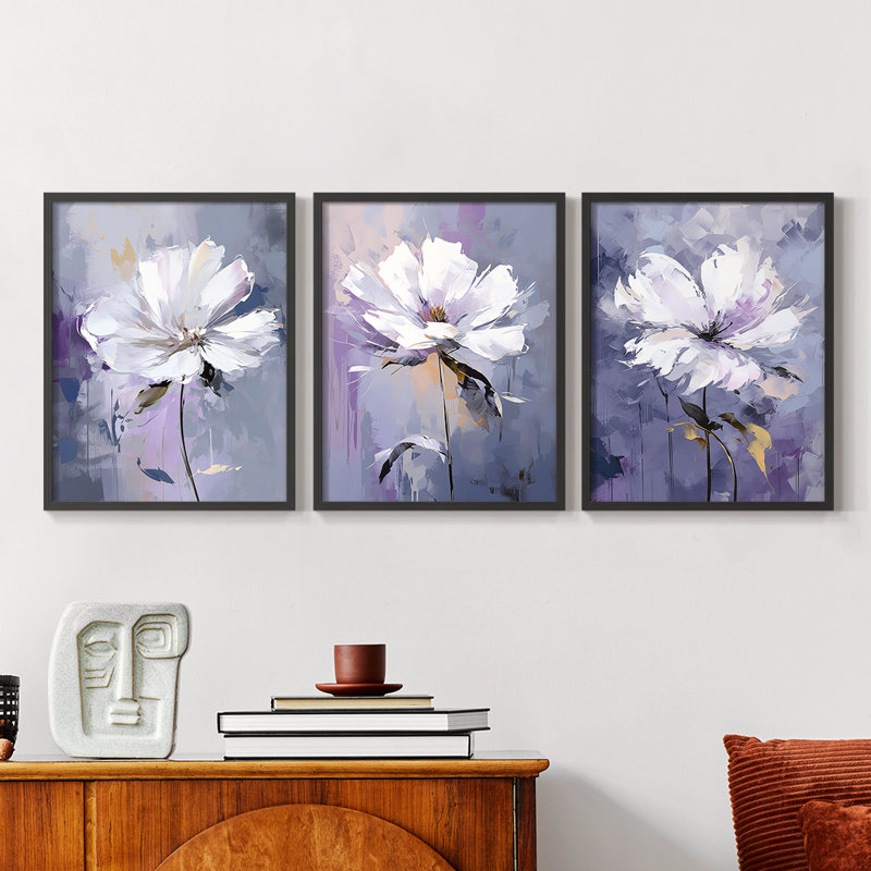 Étude florale série CXLIV - ensemble de 3 estampes numériques encadrées - prêt à, Cadre noir, H 20 po x l 16 po