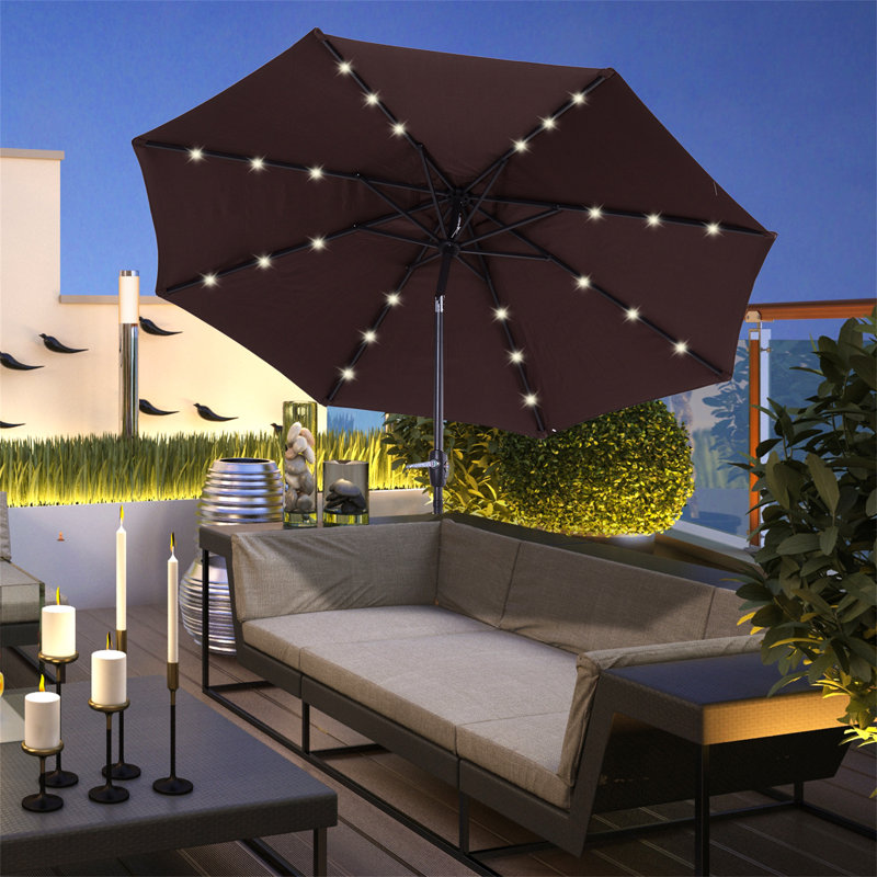 Brezzy Lighted Tilt Market Parasol, Brown, 238 cm H x 269cm W x 269 cm D